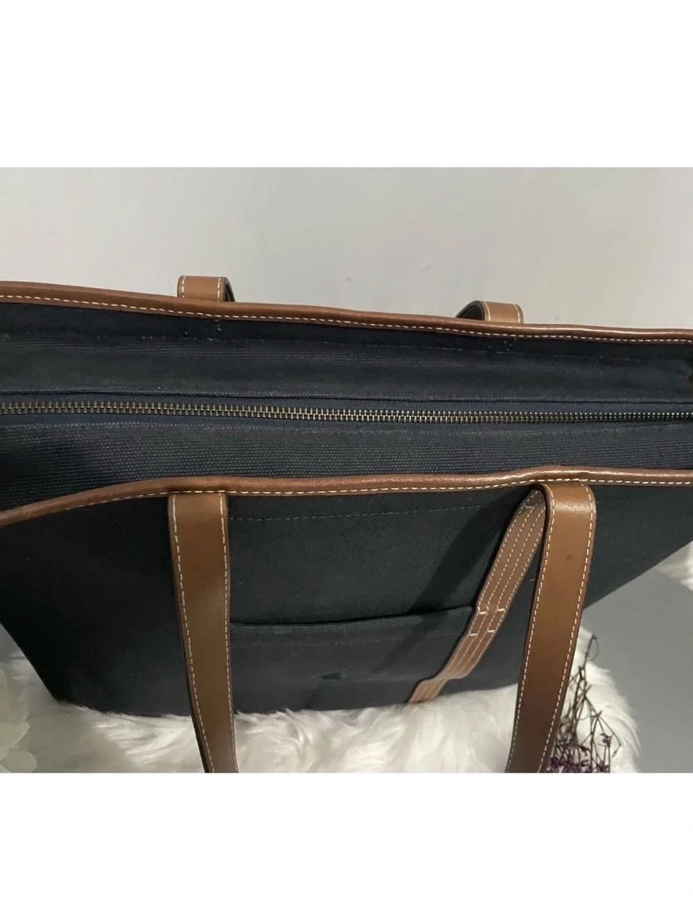Polo Ralph Lauren Navy Canvas Tote with Brown Leather Straps